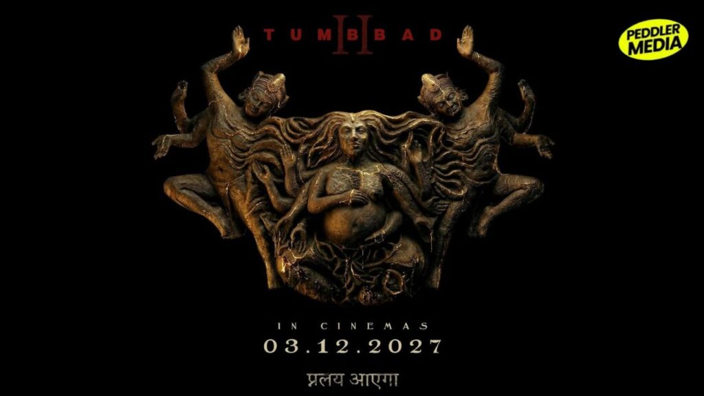 Tumbbad 2 poster featuring a three-figure golden idol in a dark setting, with text showing release date 03.12.2027.