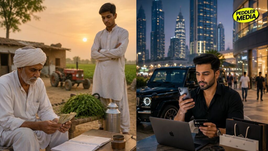 Urban vs Rural Haryanvi mindset difference shown through a rural farmer focused on land and savings beside an urban Haryanvi spending on lifestyle, gadgets, and city living