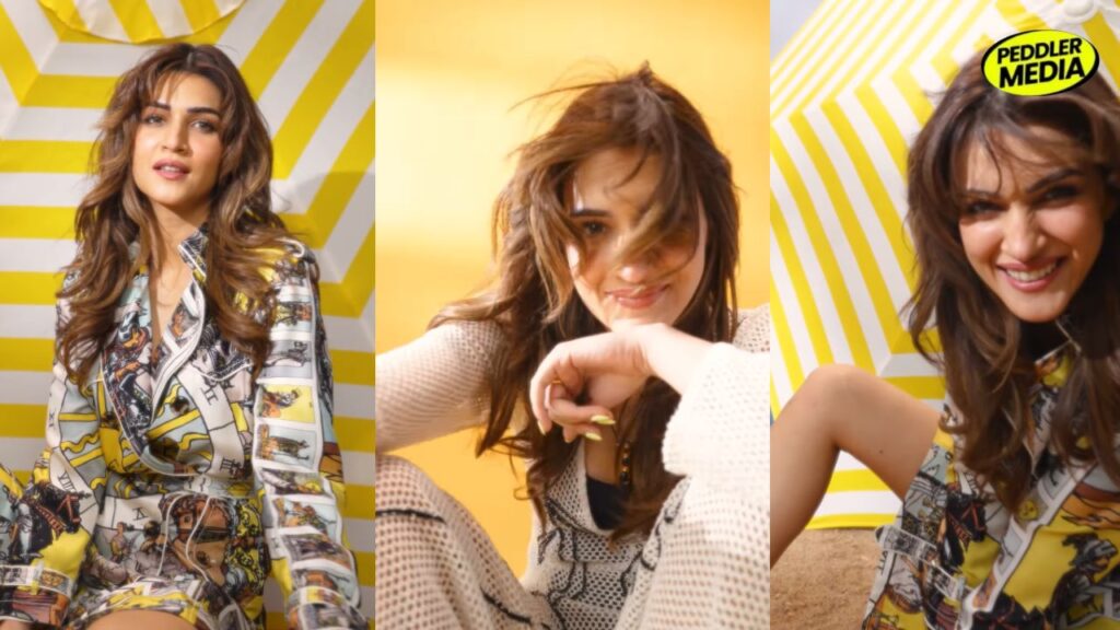 Kriti Sanon smiling and posing in a printed co-ord outfit during a bright fashion photoshoot with yellow geometric backgrounds.