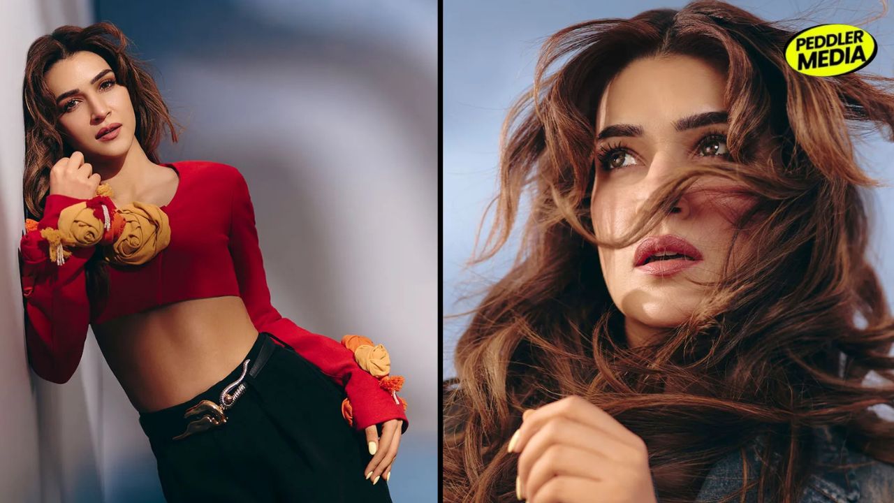 Kriti Sanon posing in a stylish red crop top and black outfit during a glamorous photoshoot, alongside a close-up portrait with wind-blown hair.