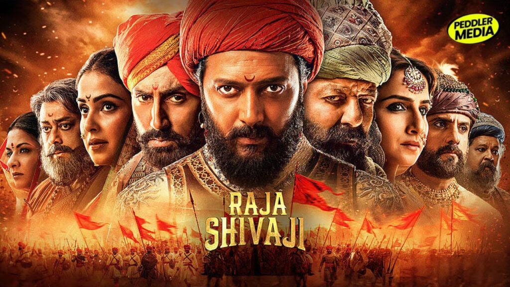 Poster of Raja Shivaji featuring Riteish Deshmukh as Chhatrapati Shivaji Maharaj at the center, surrounded by key cast in traditional royal attire against a fiery battlefield backdrop. and Salman Khan cameo in Raja Shivaji movie