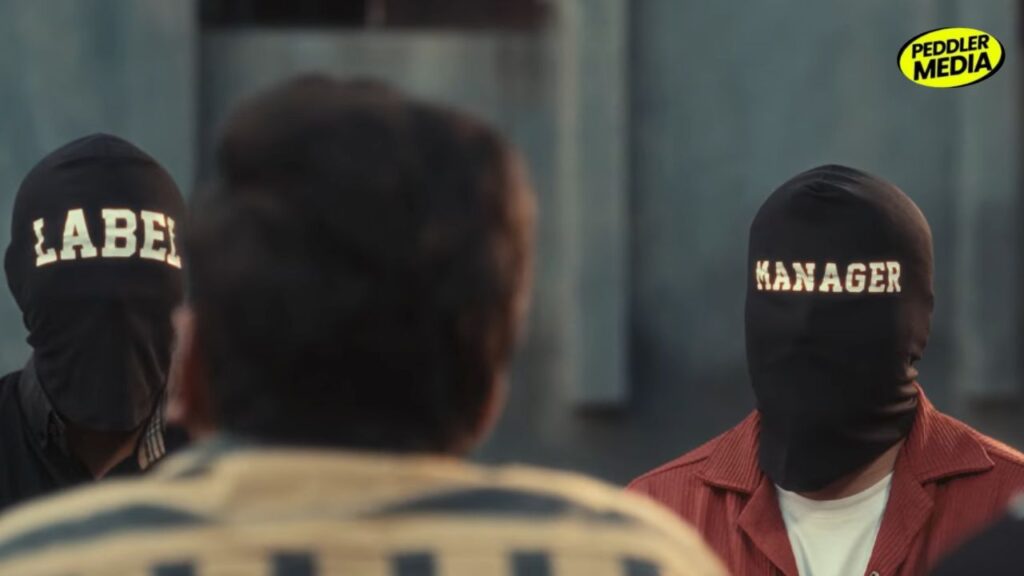 Masked characters labeled “Label” and “Manager” confronting artist in Ron Likhari Timelapse Haryanvi Song video