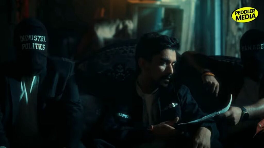 Ron Likhari surrounded by “Industry Politics” figures in dark scene Timelapse  Haryanvi song