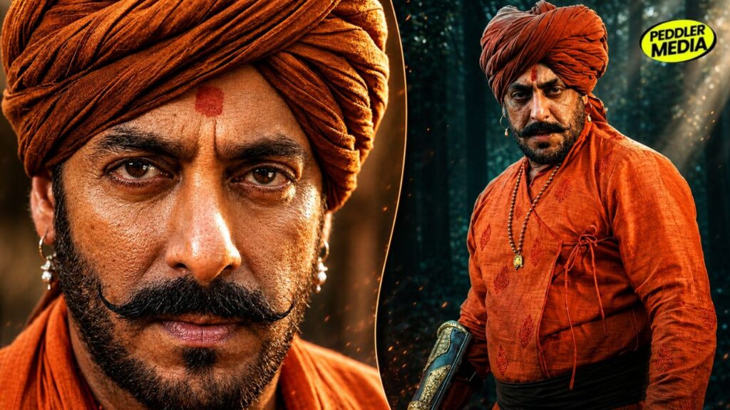 Salman Khan in a fierce warrior look as Jiva Mahala in Raja Shivaji, wearing an orange turban, kurta, and styled moustache.