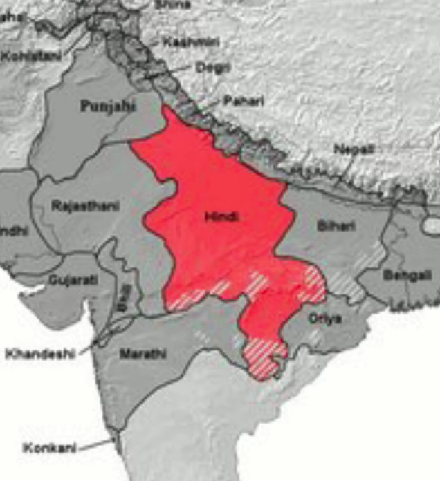 Map highlighting the Hindi-speaking belt across North India