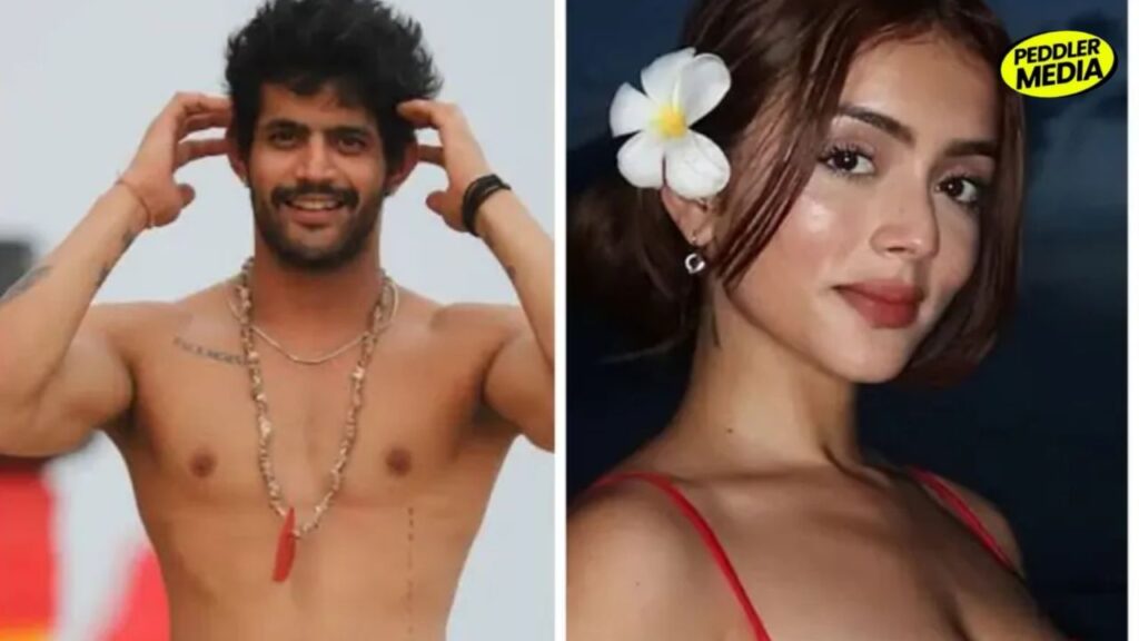 Sorab Bedi and Niharika Tiwari, contestants from MTV Splitsvilla 16, appear in a split-frame photo from the reality show. Sorab is seen shirtless with a chain necklace and messy hairstyle, while Niharika poses in a red outfit with a white flower in her hair.