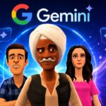 Gemini Haryanvi AI dialect update represented by traditional Haryanvi characters and floating digital tech icons under the Google Gemini logo.