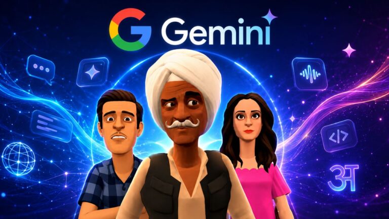 Gemini Haryanvi AI dialect update represented by traditional Haryanvi characters and floating digital tech icons under the Google Gemini logo.