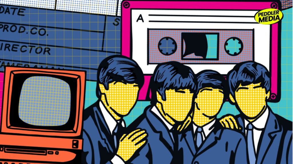 Haryanvi pop culture evolution showcasing pop art illustration of music cassette, old television monitor, and cinema production elements for regional entertainment industry analysis.
