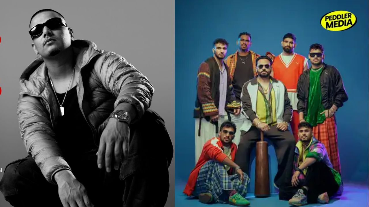 Haryanvi pop culture explosion featuring rap artist Dhanda Nyoliwala alongside Pro Kabaddi League team Haryana Steelers squad and coach Manpreet Singh with Peddler Media logo.