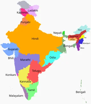 Map of India showing distribution of major languages including Hindi, Tamil, Telugu, Bengali, and others