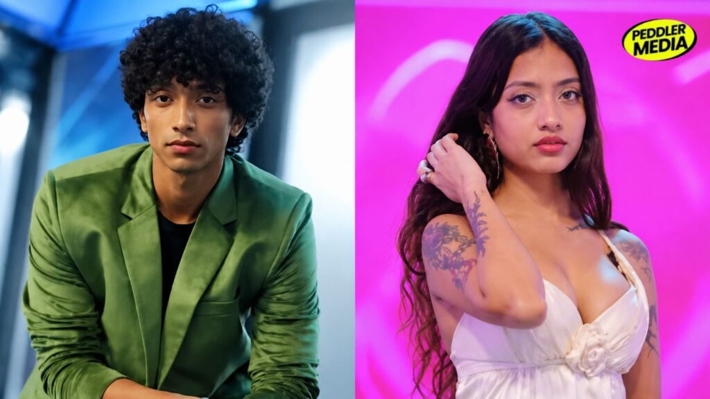 Yogesh Rawat and Ruru Thakur, contestants from MTV Splitsvilla 16, pose in a stylish split-frame image during the reality show. Yogesh wears a green blazer with a casual look, while Ruru appears in a white outfit with tattoos visible, standing against a pink-lit background.
