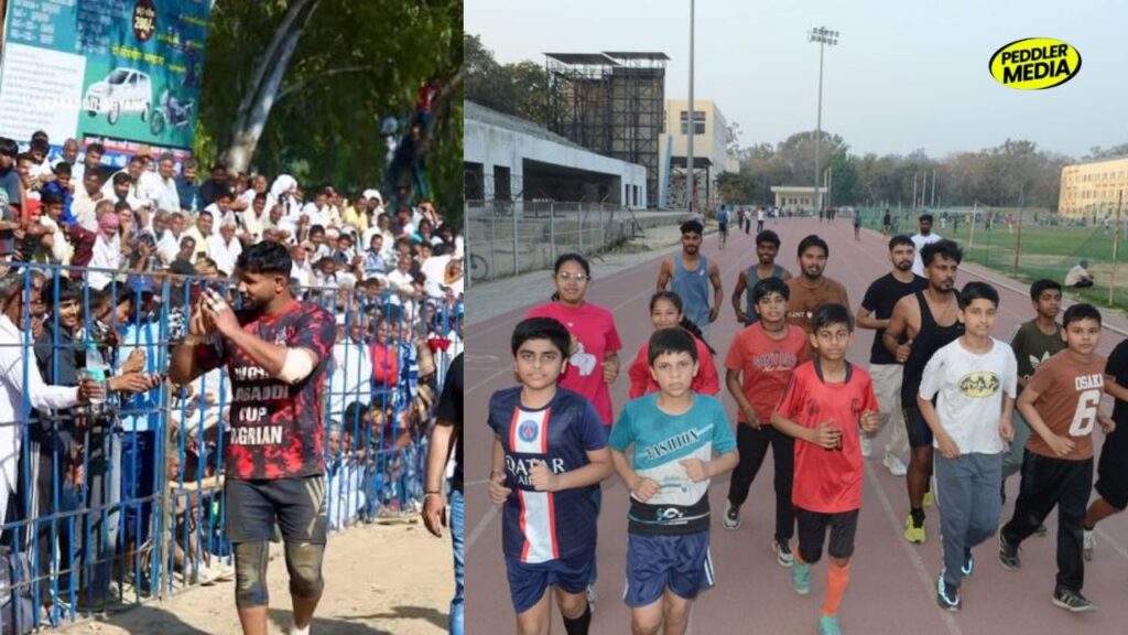 Massive crowd at a Haryana local dangal tournament and young athletes training on a running track — the high-frequency competition culture behind Haryana Olympic medals