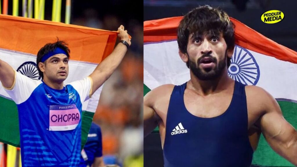 Neeraj Chopra and Bajrang Punia with Indian flag — two of Haryana's biggest Olympic medal winners