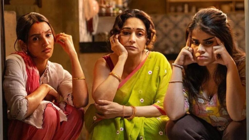 Madhuri Dixit, Triptii Dimri and Dharna sitting on floor looking worried in Maa Behen