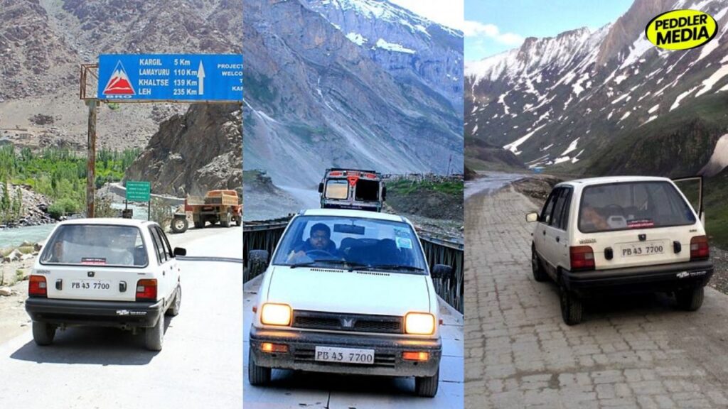 1997 Maruti 800 PB 43 7700 on Leh highway near Kargil sign during Punjab boys Maruti 800 Leh trip