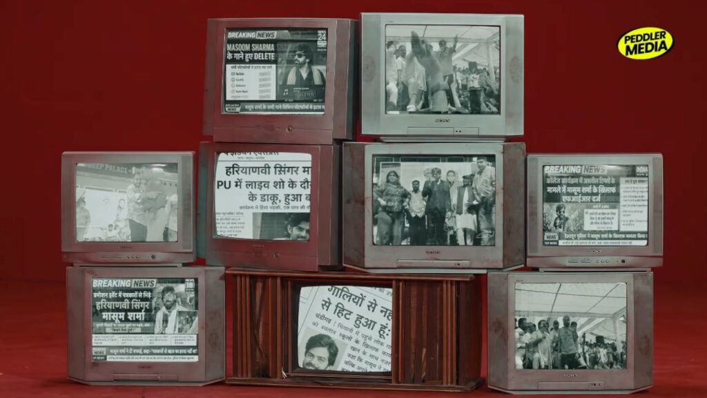 Old TV screens showing news headlines and controversies about Masoom Sharma