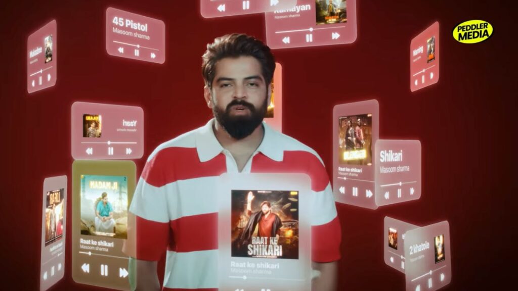 Masoom Sharma surrounded by his hit songs including Madam Ji Raat Ke Shikari and Pistol 4 5