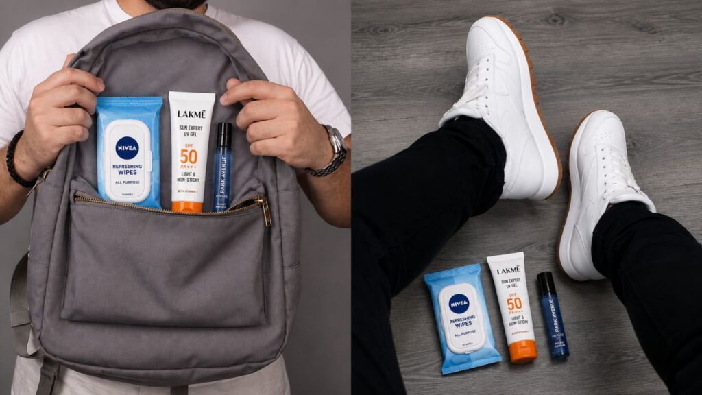 Summer grooming essentials for Indian men including wet wipes, sunscreen, and pocket perfume stored in a backpack.
