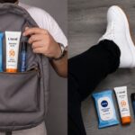 Summer grooming essentials for Indian men including wet wipes, sunscreen, and pocket perfume stored in a backpack.