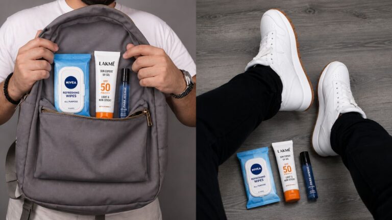 Summer grooming essentials for Indian men including wet wipes, sunscreen, and pocket perfume stored in a backpack.