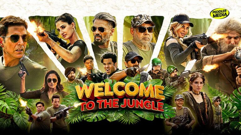 Official Welcome To The Jungle movie poster featuring Akshay Kumar and the ensemble cast in an action-comedy adventure.