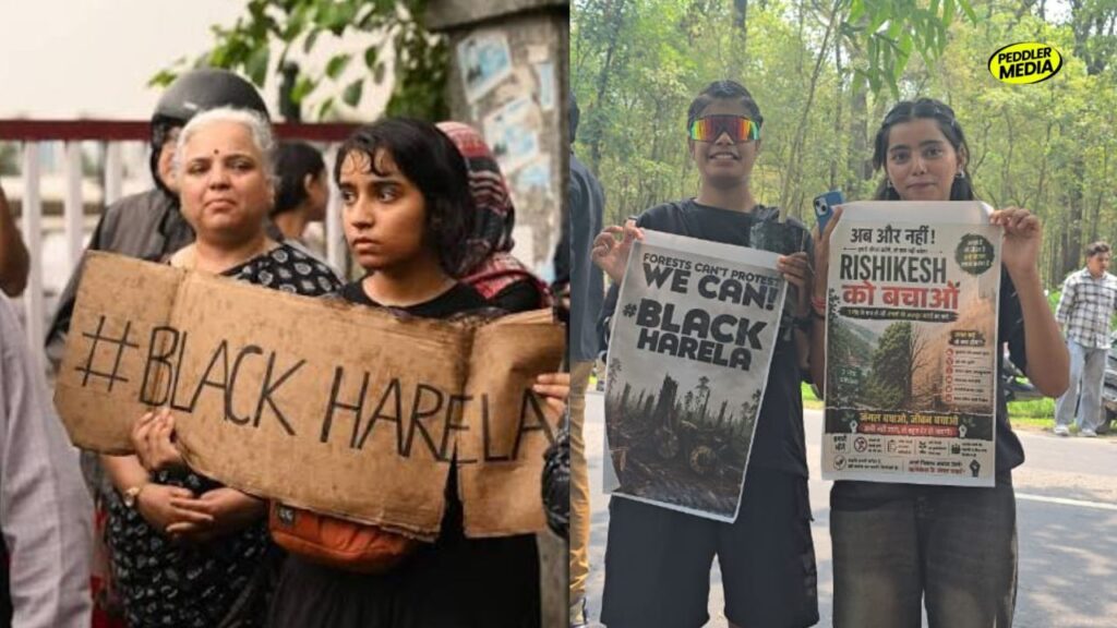 Black Harela protesters hold placards during the Uttarakhand forest protest, one of the 3 Major Protests demanding government accountability in India.