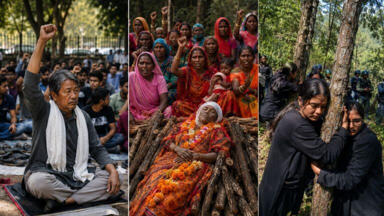 Collage showing Sonam Wangchuk's hunger strike in Delhi, the Chita Andolan tribal protest in Madhya Pradesh, and the Black Harela forest protest in Uttarakhand during July 2026.