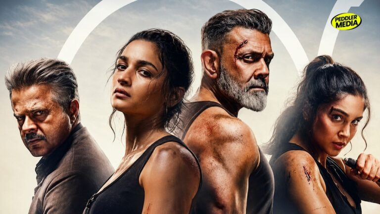 Alpha movie poster featuring Alia Bhatt, Sharvari, Anil Kapoor and Bobby Deol in a battle-worn look for the YRF spy thriller