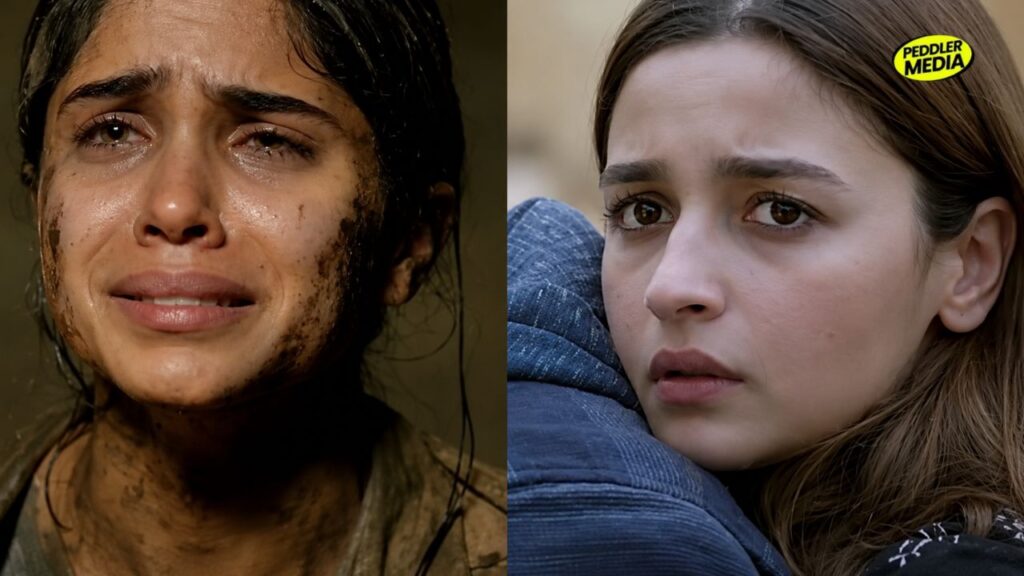 Sharvari and Alia Bhatt in an emotional, tear-filled scene from Alpha movie showing the twin sisters' bond