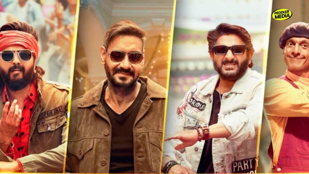 Dhamaal 4 movie review banner showing the main cast including Ajay Devgn and Arshad Warsi.