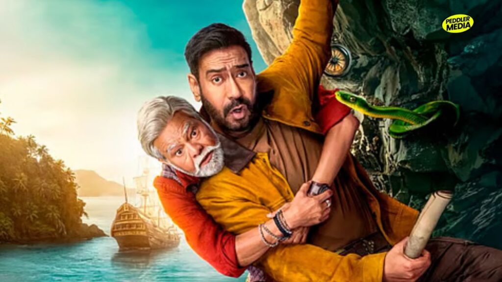 Dhamaal 4 movie poster of Ajay Devgn hanging from a cliff next to a snake.