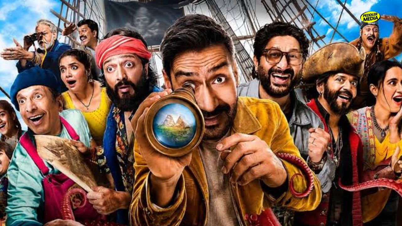 Dhamaal 4 review feature poster showing Ajay Devgn holding a telescope alongside Arshad Warsi, Riteish Deshmukh, and Jaaved Jaaferi.