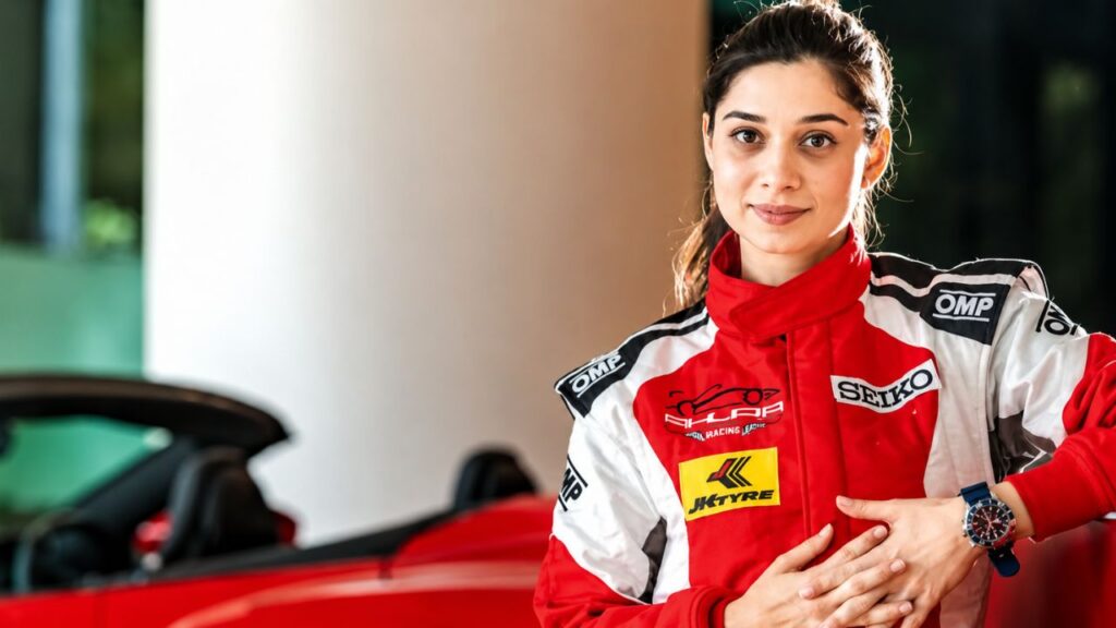 Diana Pundole, India's Ferrari Girl, wearing her racing suit before becoming the first Indian woman to race a Ferrari in an international championship.