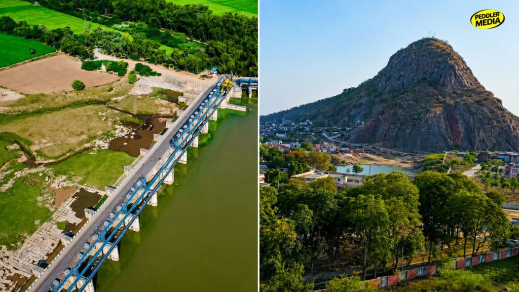 Split view representation of the flooded plains at Ottu Barrage in Sirsa and the rocky volcanic terrain of Tosham Hills in Bhiwani during Haryana in monsoon.
