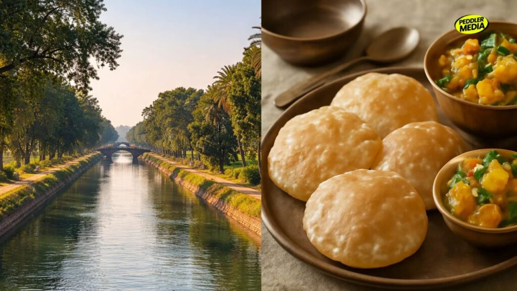 Scenic tree-lined water canal in the Bangar region next to a hot plate of traditional fried pooris and potato sabzi during Haryana in monsoon.
