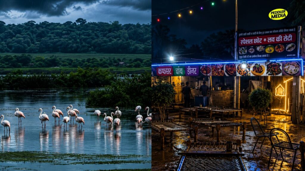 Pink flamingos standing in Bhindawas lake wetland next to a traditional nighttime highway dhaba setup with wooden cots during Haryana in monsoon.
