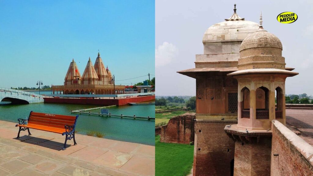 haryana-in-monsoon-brahma-sarovar-sheikh-chilli-Split screen collage of the sacred Brahma Sarovar temple pool and the white marble dome of Sheikh Chilli's Tomb in Kurukshetra during Haryana in monsoon.
