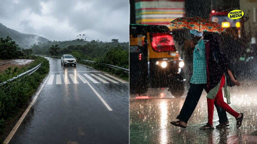 White car driving on a wet rainy highway next to people walking under an umbrella during heavy downpour in the Braj belt of Haryana in monsoon.
