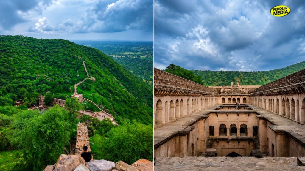 Scenic overlook of Madhogarh Fort on a lush green hill and the historic architecture of the ancient multi-level stepwell in Narnaul during Haryana in monsoon.
