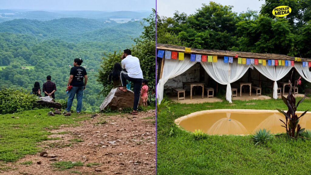 People standing on foggy green Aravalli hills next to a rustic cafe setup with a small pool in the Mewati region during Haryana in monsoon.
