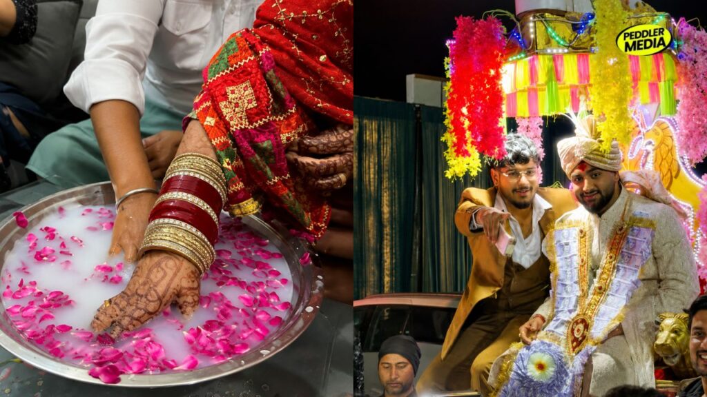 Haryanvi singer Sumit Parta during his Ghudchadi wedding ritual with money garland