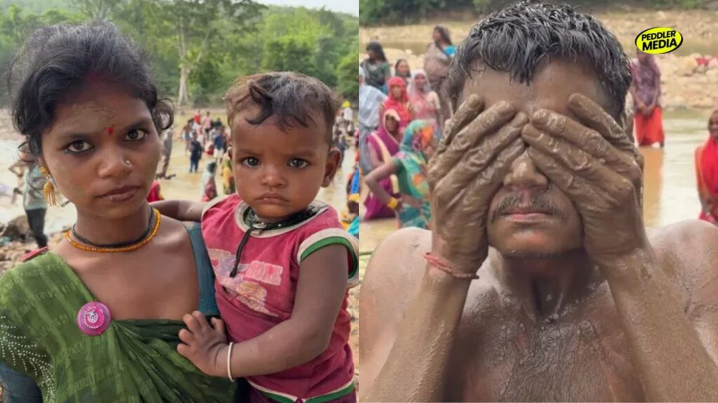 Tribal mother with her child and a protester covered in mud during the Ken-Betwa Chita Andolan protest against displacement in Madhya Pradesh.