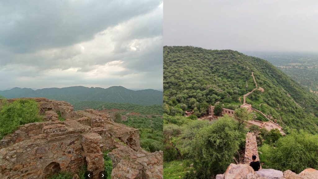 Ruins of Madhogarh Fort in Mahendragarh, Haryana, overlooking the Aravalli Hills with scenic views of the historic hill fort and surrounding landscape.