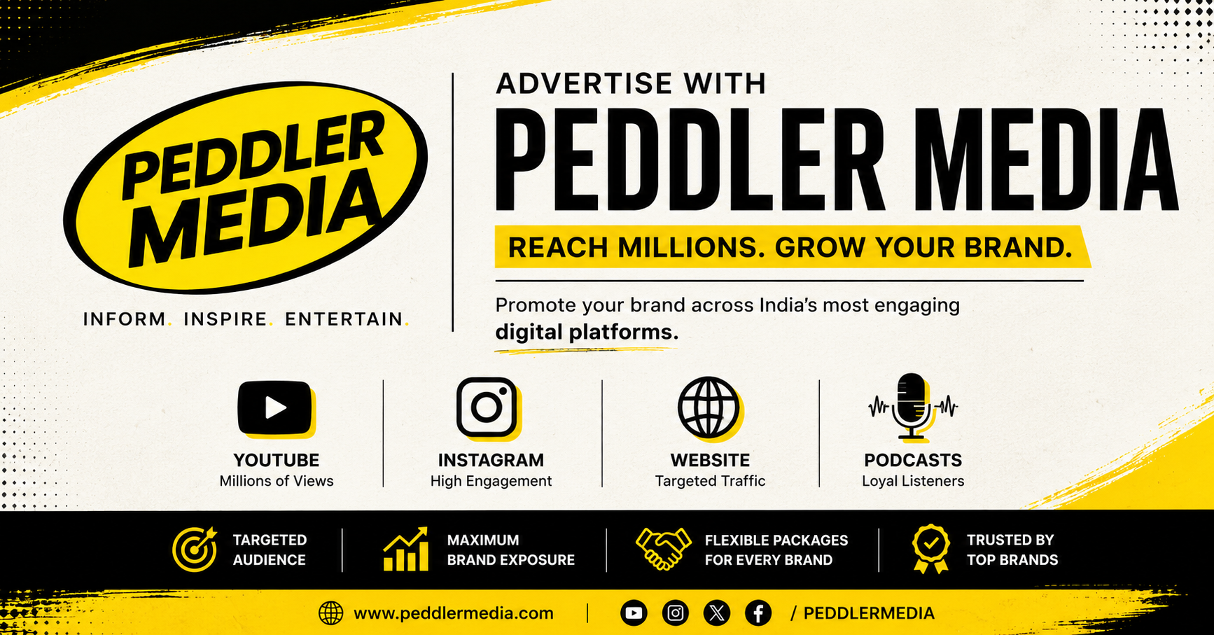 Advertise with Peddler Media for digital advertising, influencer marketing, YouTube promotions, Instagram campaigns, website branding and podcast sponsorships across India.