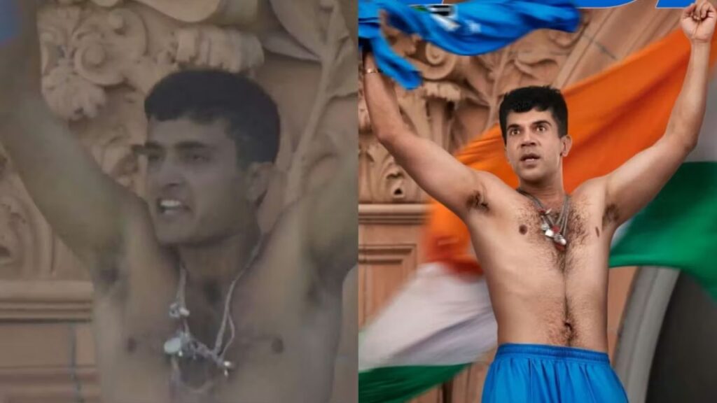 Side-by-side comparison of Rajkummar Rao recreating Sourav Ganguly's iconic Lord's balcony celebration for the Dada biopic.