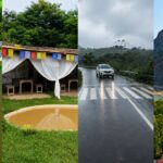 Four panel travel collage showcasing a river barrage, a rustic hillside cafe with prayer flags, a car driving on a rainy road, and rocky hills during Haryana in monsoon.