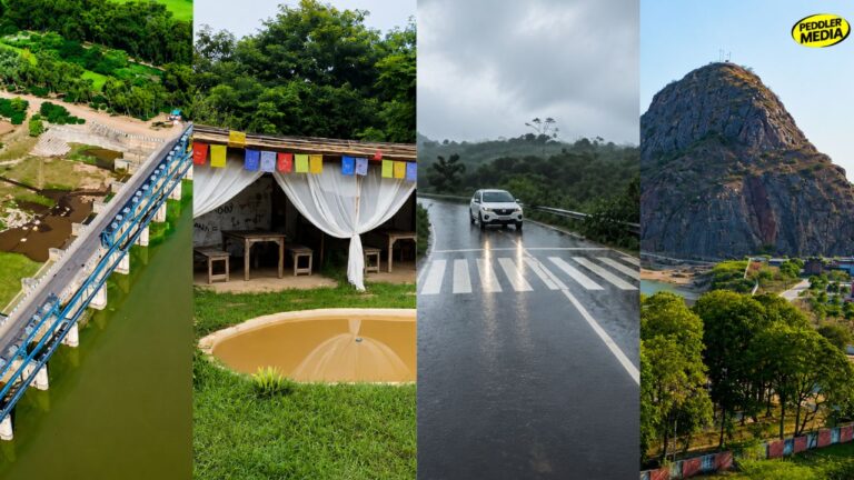 Four panel travel collage showcasing a river barrage, a rustic hillside cafe with prayer flags, a car driving on a rainy road, and rocky hills during Haryana in monsoon.