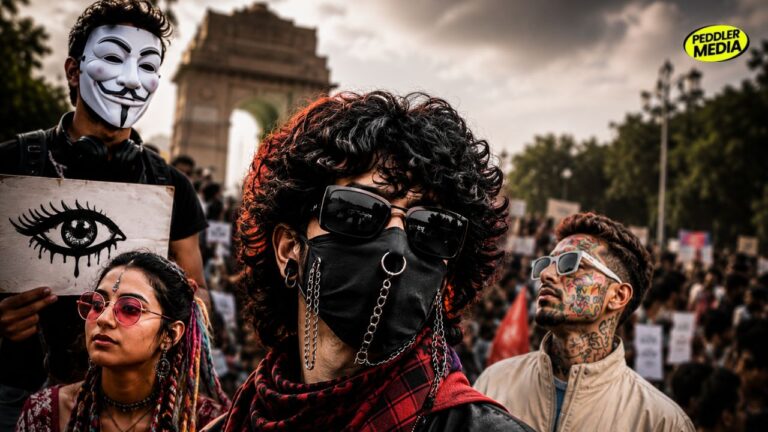 Youth Protest Delhi fashion featuring creative protest outfits and unique street style at Jantar Mantar in New Delhi.