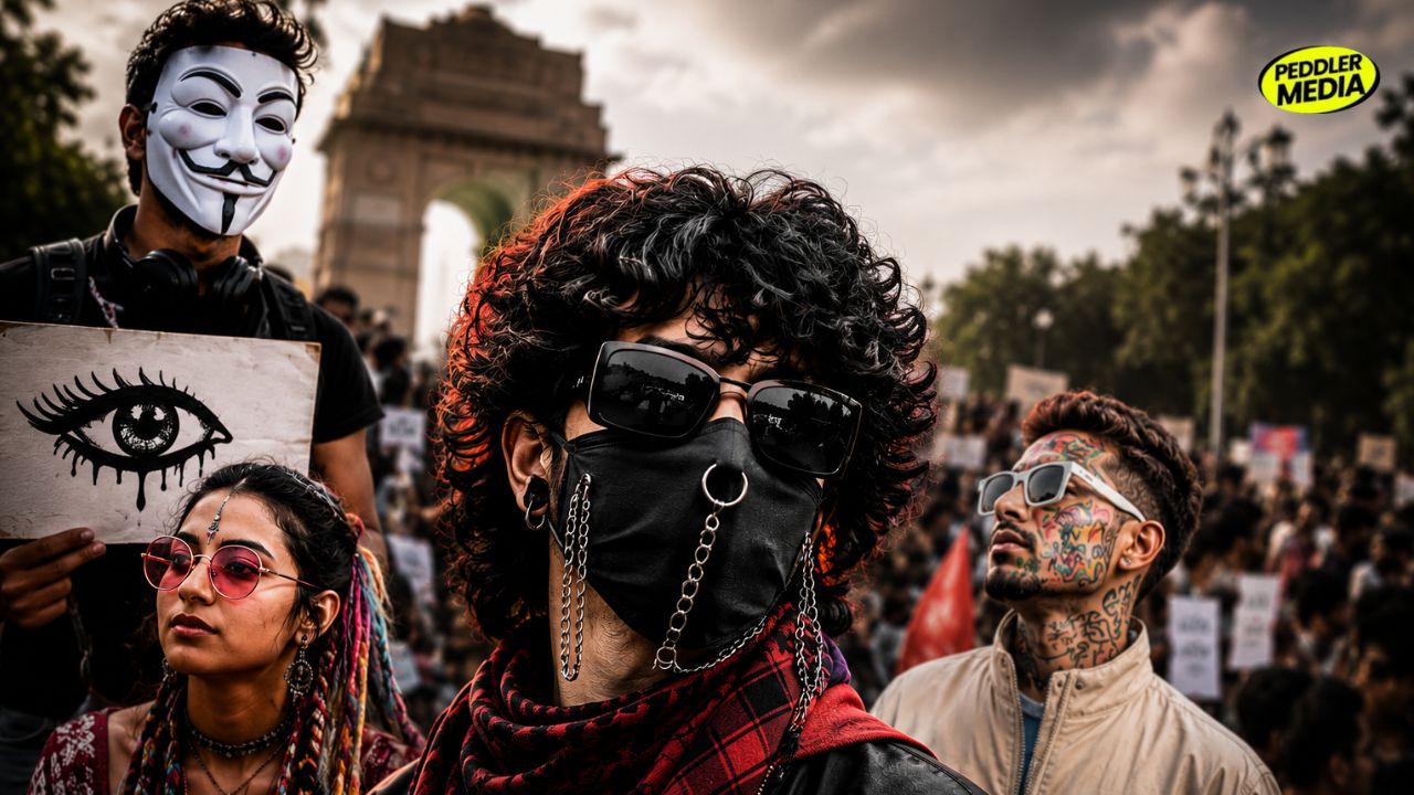Youth Protest Delhi fashion featuring creative protest outfits and unique street style at Jantar Mantar in New Delhi.